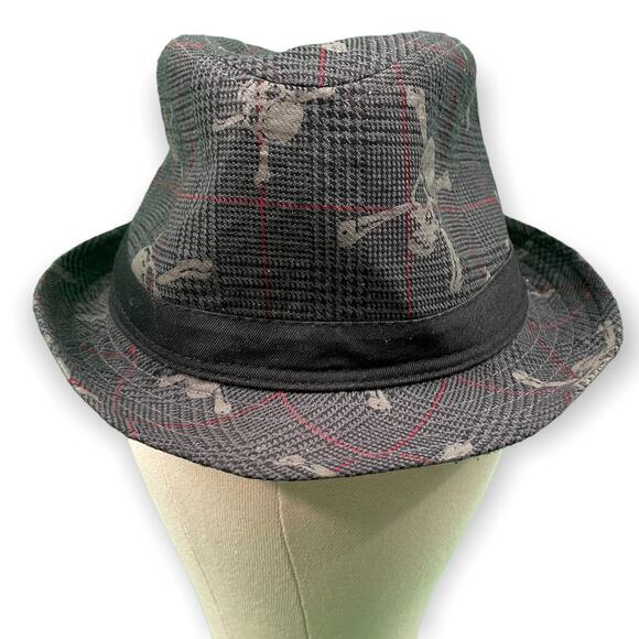 Scull and Crossbones Fedora Hat Gray Red Medium Goth - Picture 5 of 8